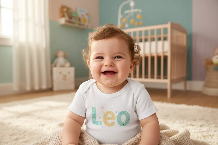 Weißes kurzarm-babystrampler aus baumwolle mit blauem texteindruck und herzmotiv aus der baby 0-24 monate kollektion