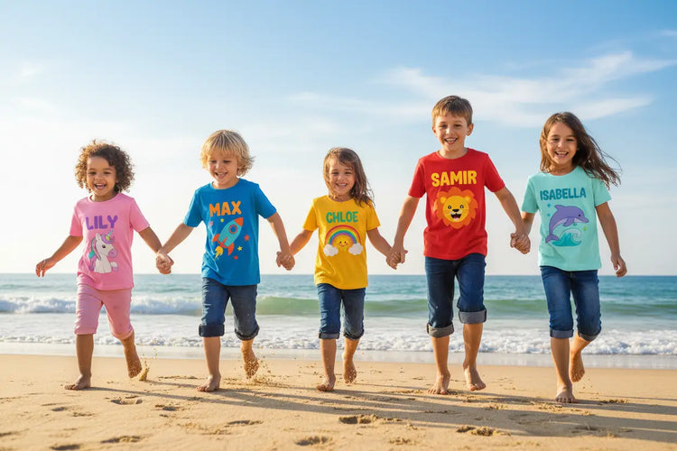 Personalisiertes Kinder T-Shirt in Blau, Rosa, Orange, Rot und Türkis aus 100% Baumwolle
