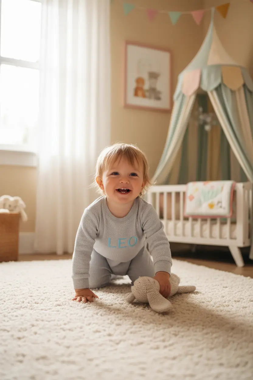 Pink kurzarm babybody aus bio-baumwolle mit grauem teddybär-stick und namen leonardo aus der bio-bodys kollektion